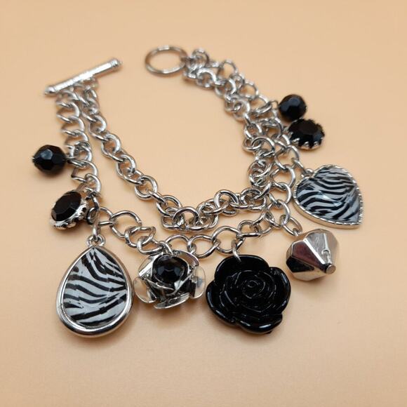 Silver Tone Charm Bracelet, Roses Zebra Heart Black Bead Rhinestone Toggle Clasp - Picture 1 of 10